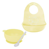 Kit Tigela Infantil Bebê Babador Colher De Silicone Amarelo