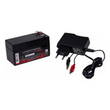 Kit Carregador 12v 800mah Jacare + Bateria 12v 1.3ah Selada