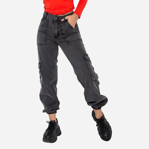 Pantalon Jogger Jean Cargo Ancho Wide Leg Mom  Recto Mujer