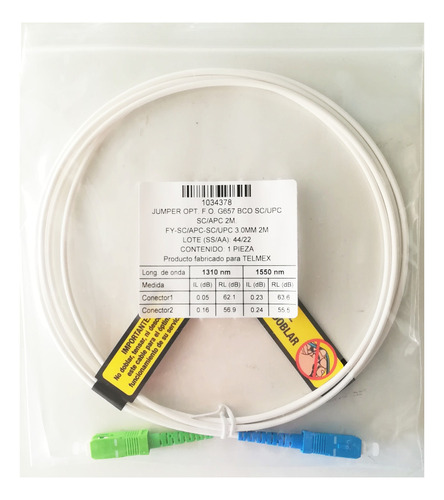 Jumper De Fibra Optica Sc Apc/upc Para Modem Telmex (1 Pza)