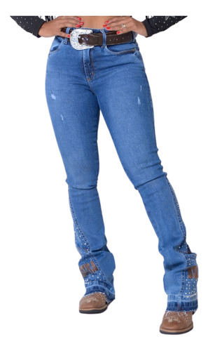 Calça Com Brilho Country C/ Bordados Jeans Premium C/ Lycra