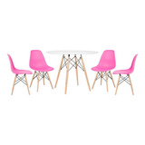 Conjunto Jantar Eames  Mesa 100 Cm 4 Cadeiras Eiffel Cores Cor Mesa Branco Com Cadeiras Rosa Pink
