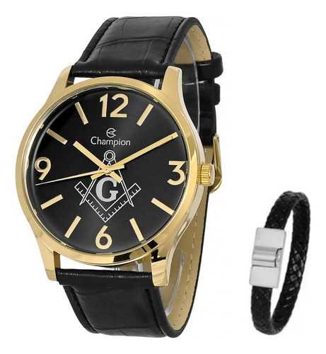 Relogio Champion Pulso Pulseira Couro Masculino Maçonaria Cor Da Correia Preto Cor Do Bisel Dourado Cor Do Fundo Preto