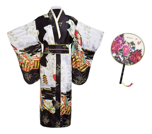 Kit Kimono Estilo Japonês Yukata Gueixa Cosplay + Ventarola