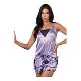 Pijama Mujer Flower Real Babydoll Satin Sexy Escote Espalda