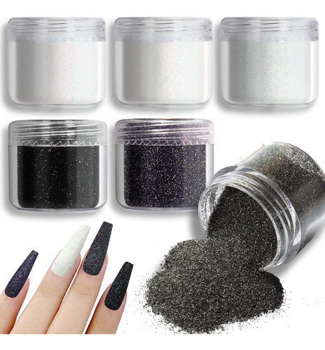 6 Colores Uñas Glitter Polvo Holográfico Blanco Negro...