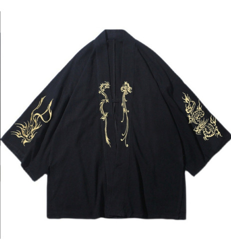 Hombres Vintage Kimono Abrigo Bordado Dragón Japonés