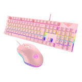  Kit Teclado Mouse Mousepad Mecânico Com Luzes Rgb Abnt Rosa