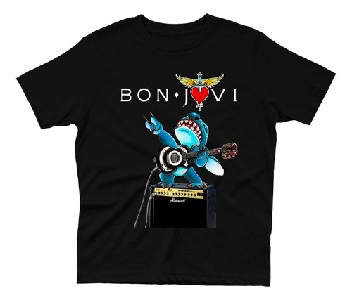 Camiseta Infantil Kids Bon Jovi Versao Stich Rock Unissex