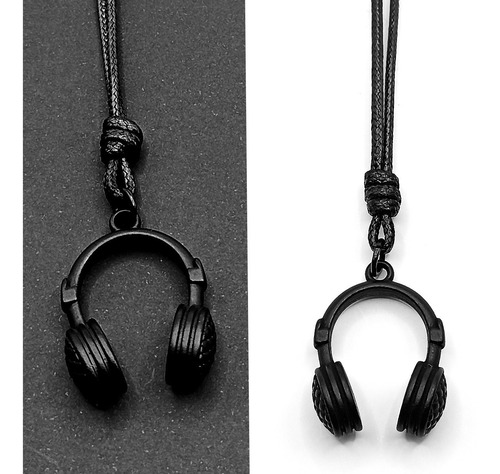 Colar Masculino Preto Fone De Ouvido Cordão Fino Ajustável