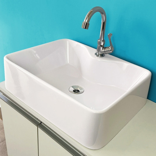 Cuba Apoio Sobrepor Banheiro Lavabo 48cm Retangular Diamante Acabamento Brilhante Cor Branco