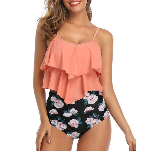 Dama Trajes De Baño Solid Floral Talle Alto Mujer Bikini