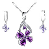 Set Collar Y Aretes Flor Amatista En Plata 925 Para Mujer