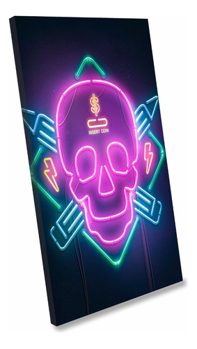 Quadro Gamer Neon Caveira Decoração De Parede Quarto 60x40cm