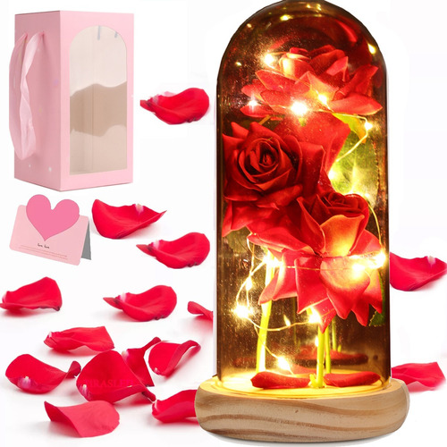 3 Flores Eterna Rojo Rosa Regalos Para Ella 25 Led Acrílico