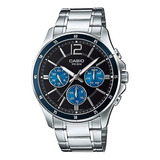 Reloj Casio Mtp-1374d Hombre Multifuncion Acero 50m Wr Color De La Malla Plateado Color Del Bisel Negro Color Del Fondo Azul Marino