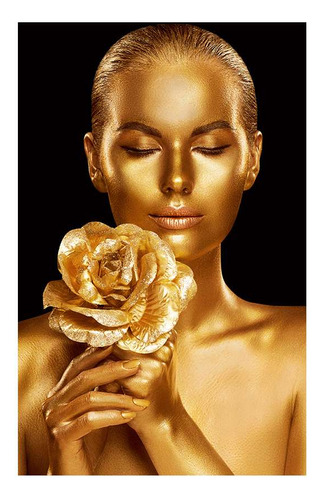 Vinilo 80x120cm Mujer Oro Con Flor En La Mano Maquillaje