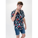 Camisa Hombre Marino Manga Corta Fibrana Flor Roja