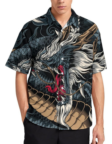 Camisa Hawaiana De Hombre De Manga Corta Patrón De Dragón