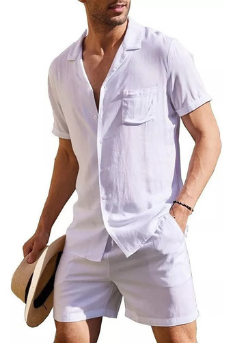 Conjunto De Camisa Casual De Manga Corta De Lino Para Hombre