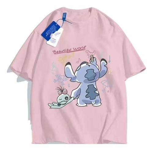 Playera De Manga Corta Con Patrón De Anime Stitch Espalda