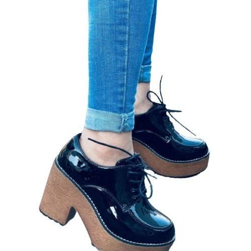 Botin Mujer Charol Negro Con Taco Y Cordones