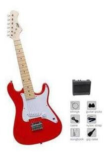 Guitarra Eléctrica Roja Con Correa Y Amplificador Negro