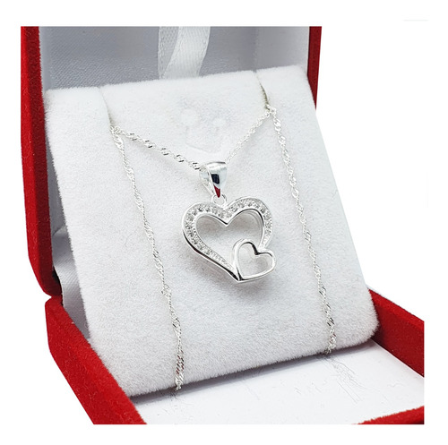 Conjunto Plata 925 Cadena Y Dije Corazón Doble Con Piedra