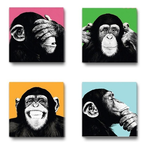 Conjunto 4 Quadros Decorativos Macacos Sábios Pop Art 30x30