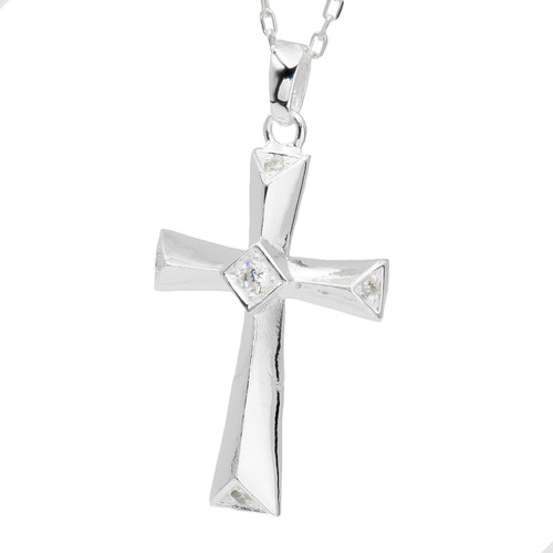 Cruz De Plata 925 Puntas Circón Blanco + Cadena | M374