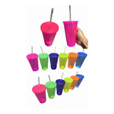 12 Vaso Reutilizable De Colores Neon Con Tapa Y Popote 650ml
