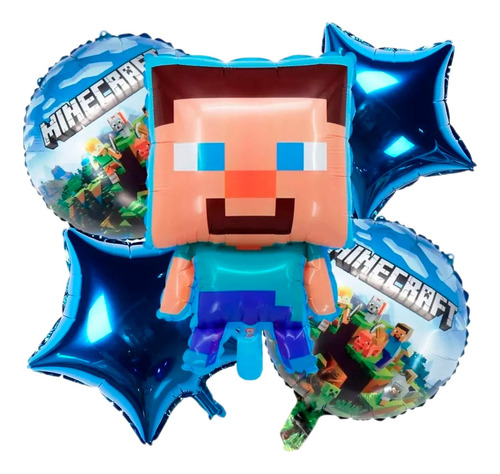 Set X5 Globos Metalizado Steve Minecraft Fiesta Decoración