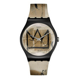 Reloj Swatch Untitled By Jean-michel Basquiat De Silicona Su Color De La Malla Beige Color Del Bisel Negro Color Del Fondo Beige