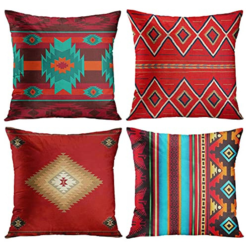 Juego De 4 Fundas De Almohada Diseño Tribal Rojo Del S...