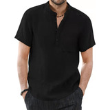 Camisa Algodon Lino Hombre Verano Cuello Bajo