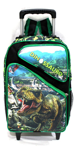 Mochila Infantil Dinossauro Rex 3 Bolsos Rodinhas G Escolar