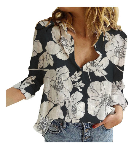 S Blusa De Lino De Manga Larga Estampada Para Mujer De Alta