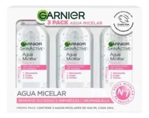 Agua Micelar  Garnier Skin Active 3 Pzas De 400 Ml C/u