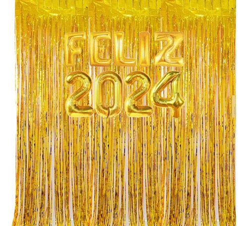 Kit 3 Cortinas Douradas Franja Balão Feliz 2024 Ano Novo