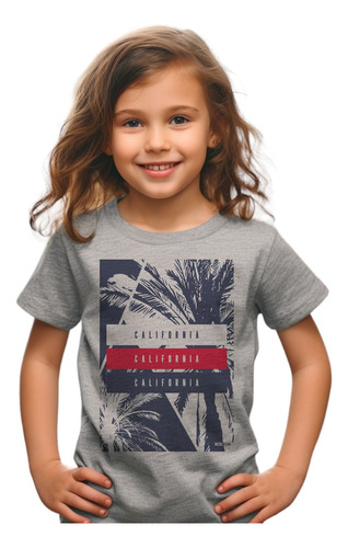 Camiseta Infantil Menina Cinza Sf2 Califórnia Palmeira Verão
