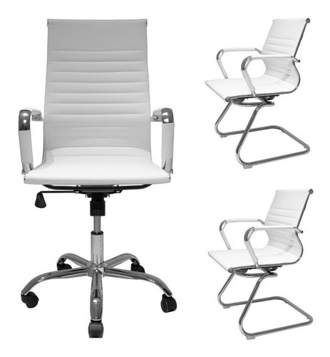 Kit Cadeira Escritorio Presidente Eames + 2 Fixas Branca