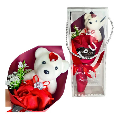 Mini Buquê De Rosa Com Ursinho - Dia Das Mães\u002Fnamorados Cor Vermelho | Parcelamento sem juros