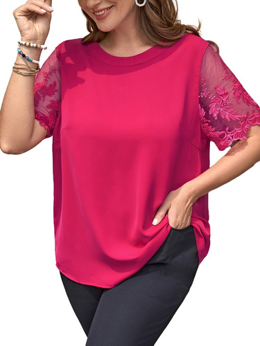 Blusa Shein Emery Rose Fucsia Mangas Gasa Bordadas Plus Size