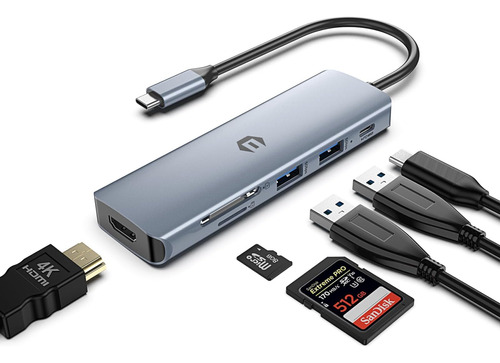 Adaptador Multipuerto 6 En 1 De Tymyp, Hub Usb C Con 4k Hdmi