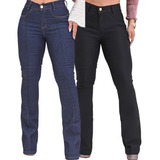 Kit 2 Calça Jeans Feminina Flare Cintura Alta Boca De Sino