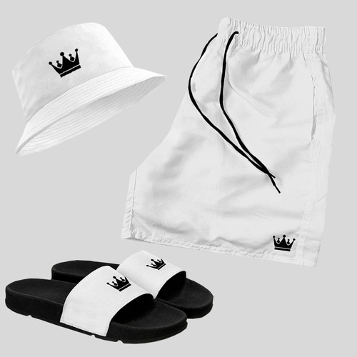 Kit Short Praia + Chapeu Bucket + Chinelo Slide Coroa Branco