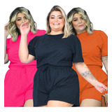 Kit 3 Conjuntos Feminino Blusa Manga Bufante Short Plus Size