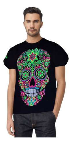 Playera Calavera Cráneo Dia De Muertos Unisex Neón