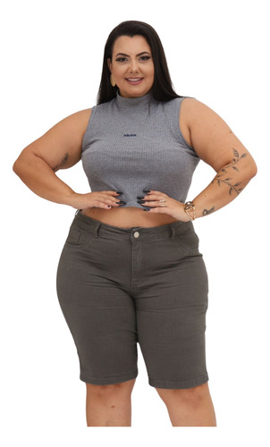 Bermuda Feminina Comprida Plus Size Sarja Cinza