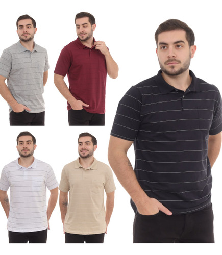 Kit 5 Peças Camiseta Masculina Polo Listrada Básica C/ Bolso